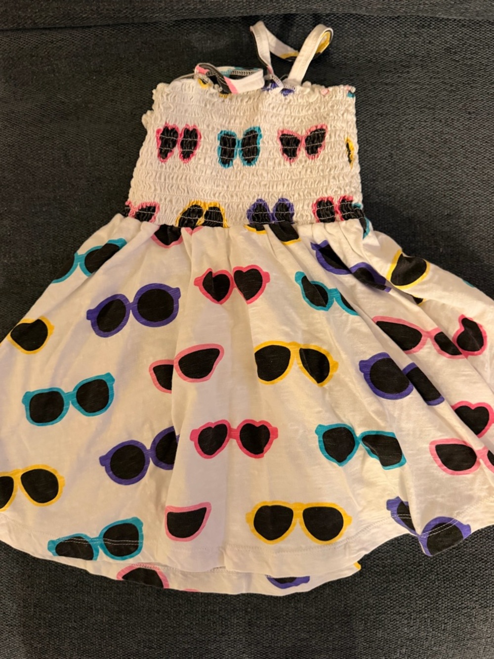 Monica + Andy White Sundress with Colorful Sunglasses Print